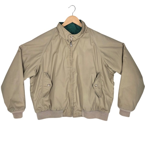 Vtg 80s Woolrich Harrington Bomber Jacket Mens XL Tan Green Satin Lined USA Made